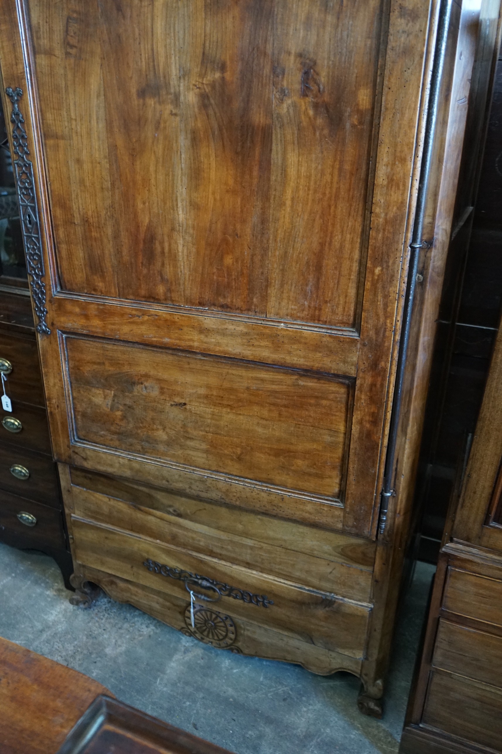 An early 19th century French parquetry inlaid walnut armoire, length 116cm, depth 69cm, height 227cm